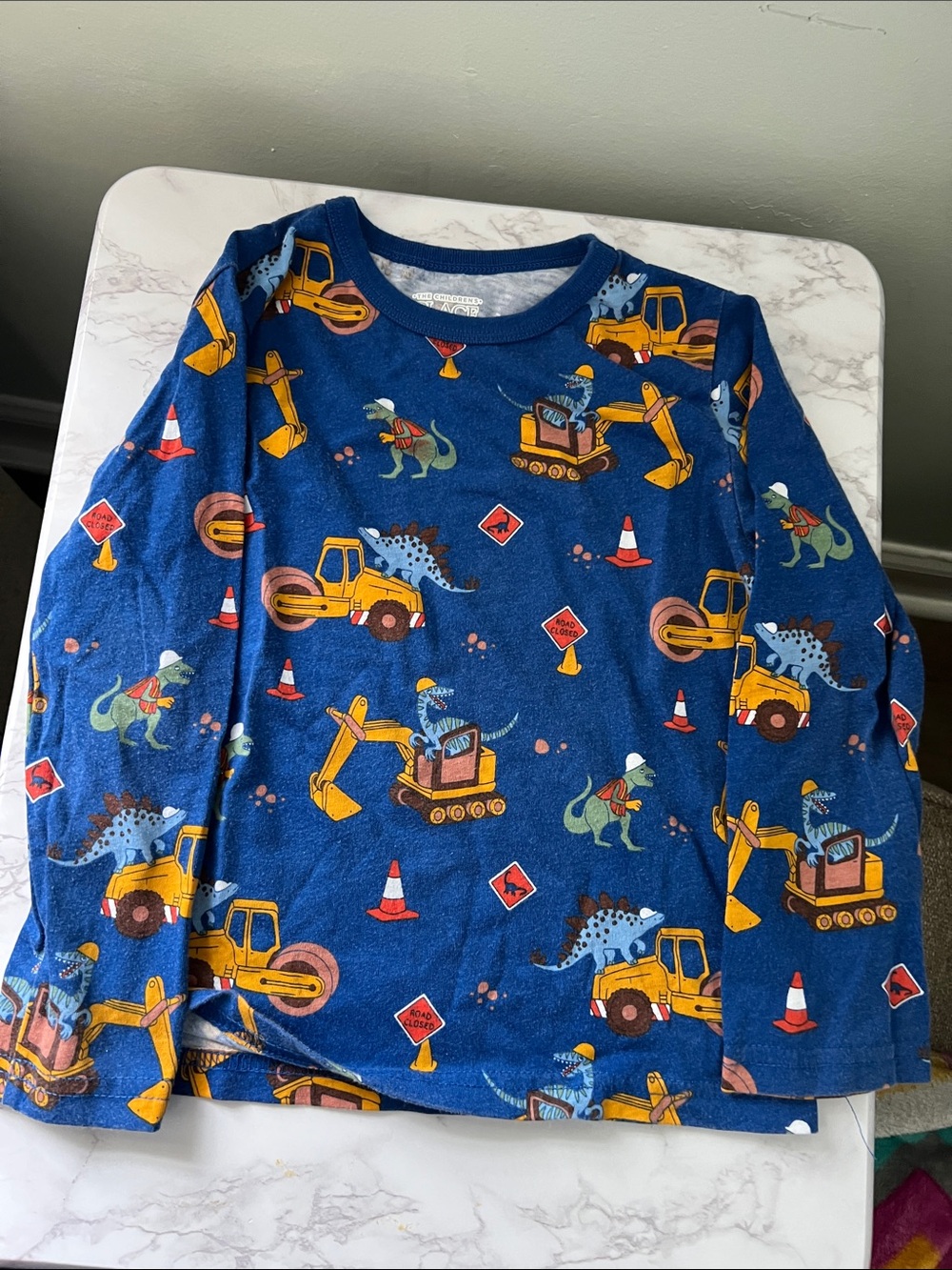 The Children's Place Blue Long-Sleeve Top with Yellow Trucks & Dinosaurs